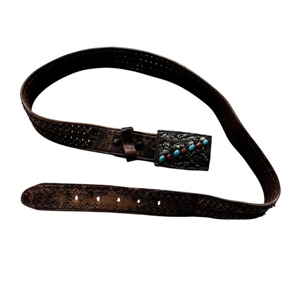 VTG Sterling Silver Turquoise Coral Belts Buckle Brown Leather Artisan Whipstich
